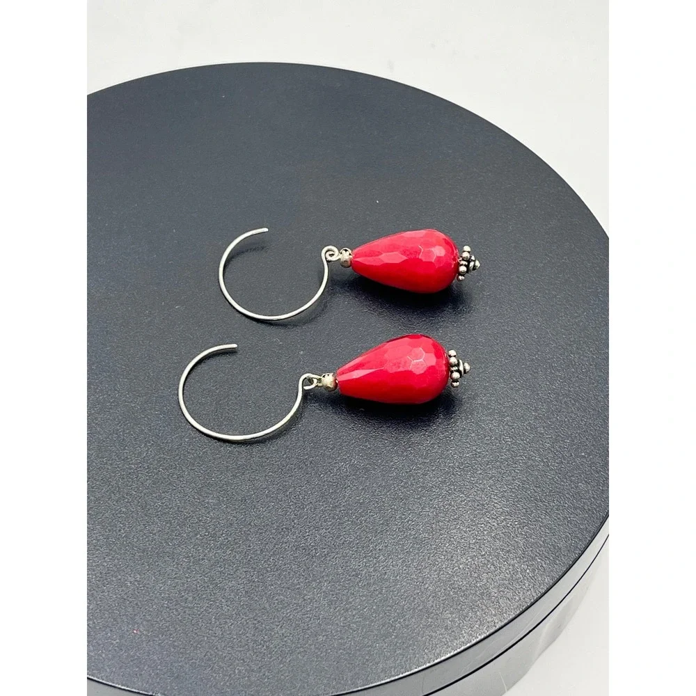 Genuine Red Jadeite‎ Sterling Silver 925 Dangle Earrings Faceted Teardrop 2